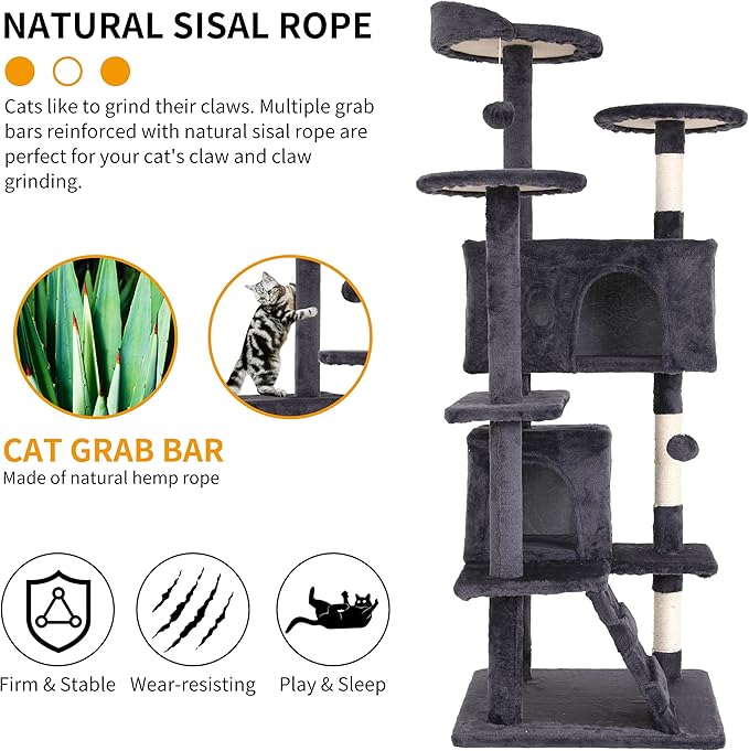 BLKMTY Cat Tree 70" Tall Cats Tower Large Cat Condo Climber Cats Climbing Stand with Top Perches Playhouse and Climbing Ladder Kitty Activity Tree w/Scratching Post Toys, Light Gray