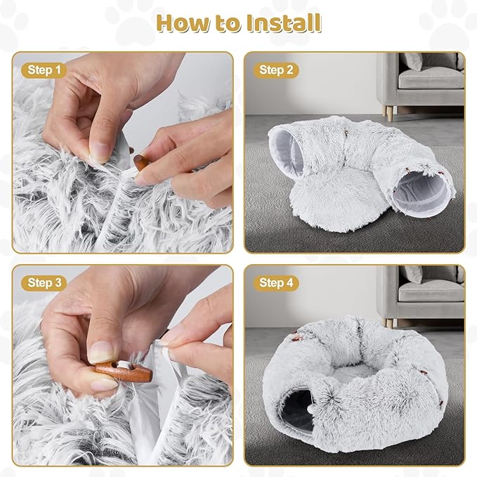 Cat Tunnel Bed with 20 Pcs Interactive Toys, 3-in-1 DIY Collapsible Plush Cat Tube with Washable Mat, Large Indoor Play Tunnel Cave for Kittens and Small Animals