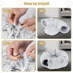 Cat Tunnel Bed with 20 Pcs Interactive Toys, 3-in-1 DIY Collapsible Plush Cat Tube with Washable Mat, Large Indoor Play Tunnel Cave for Kittens and Small Animals