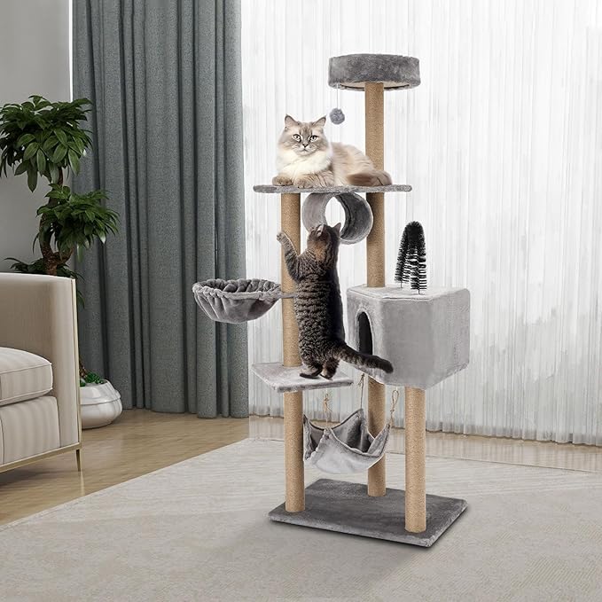 Cat Tree, W23.6*D15.7*H63in Cat Climbing Tower for Indoor Cats, Multi-Layer Cat Condo with Cat House, Hammock, Jumping Platforms, Scratching Posts, Holds 7.5kg/16.5lbs (Grey)
