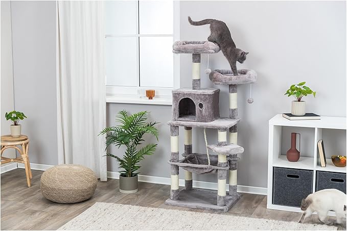 Trixie Eduardo Cat Tree – Cat Tower with Jute & Plush Posts, Condo, Hammock & Toys – Durable Cat Furniture for Indoor Cats – Gray, 21.7" x 17.7" x 57.1"