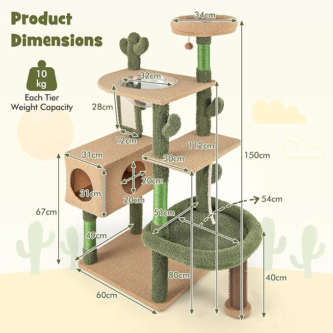 PETSITE 59 inch Cactus Cat Tree Tower, Multi-Level Cat Tower with Sisal Scratching Posts, Board and Rope, Cat Condo, Capsule Bed, Hanging Ball and Self Groomer, Cute Cat Tree for Indoor Cats