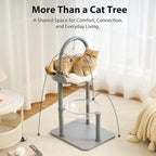 34" Modern Cat Tree Furniture, Minimalist Metal Frame Cat Tower with Wood Platforms, Washable Cushion & Scratching Post, Stylish Cat Condo for Indoor Cats, Dove Gray