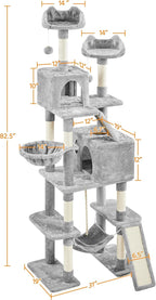 Topeakmart Cat Tree, 82.5in Climbing Tower with 2 Kitten-Ear-Style Top Perches, Hammock, Basket, Scratching Posts, Multilevel Pet Furniture Activity Center for Indoor Felines, Light Gray