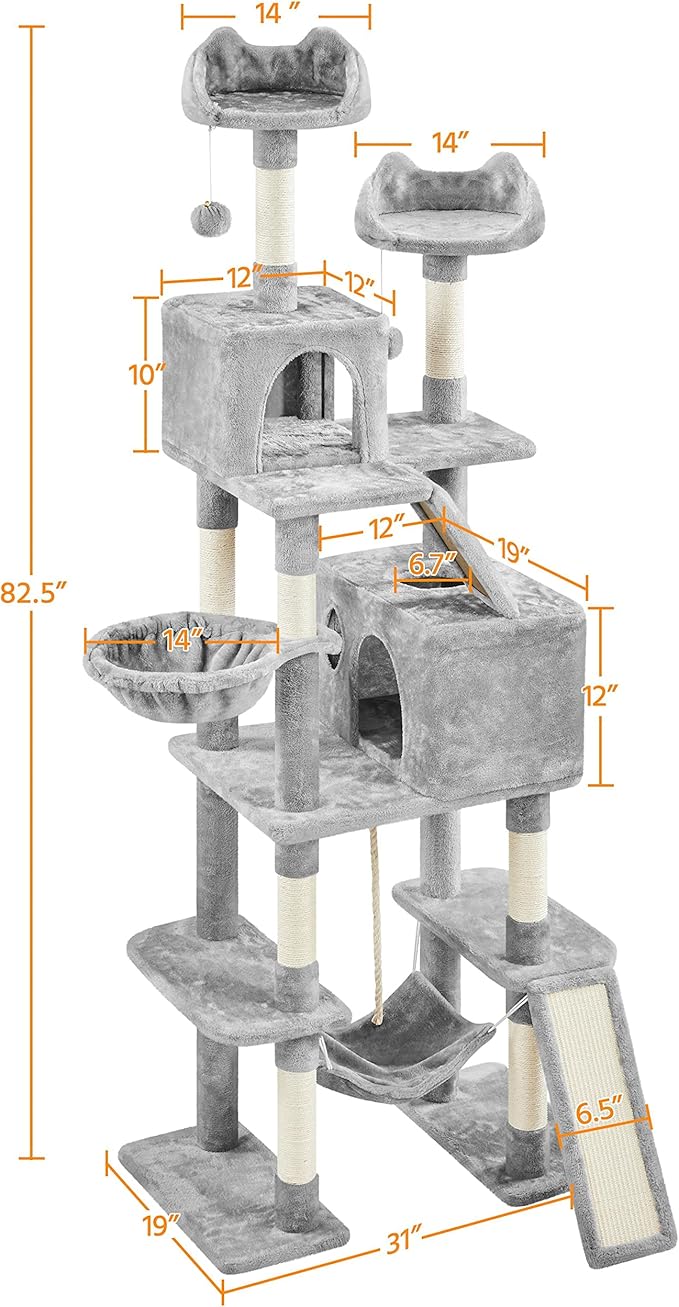 Topeakmart Cat Tree, 82.5in Climbing Tower with 2 Kitten-Ear-Style Top Perches, Hammock, Basket, Scratching Posts, Multilevel Pet Furniture Activity Center for Indoor Felines, Light Gray