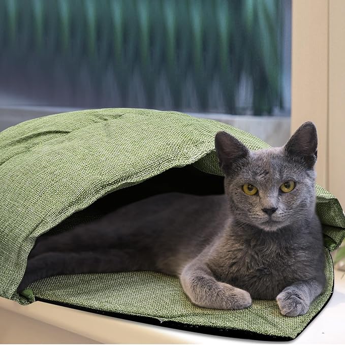 2 Pcs Cat Sleeping Bag, Linen Fabric Nest Cat Bed Cave Leaf Cuddle Covered Pet Hide Cozy Hood Burrowing Zone Soft Durable Washable with Nonslip Bottom for Indoor Puppy and Kitten(Green)
