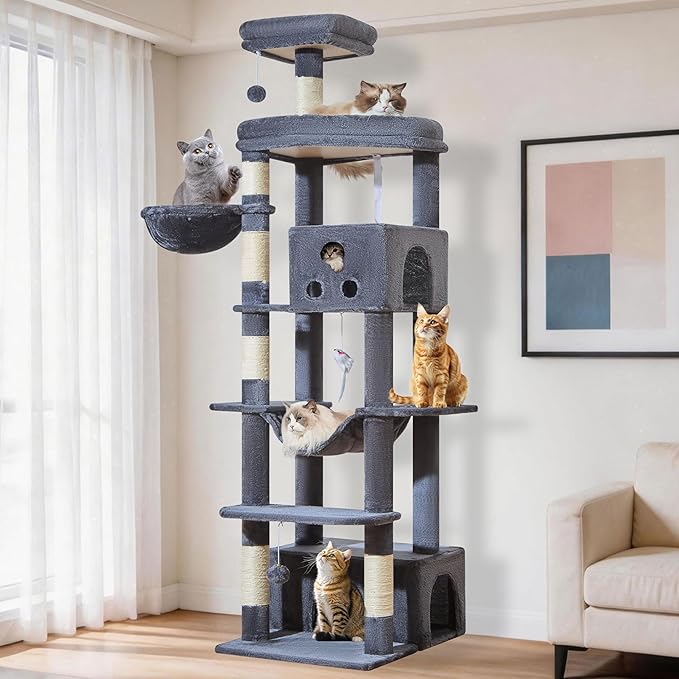 Taoqimiao 79 Inches XXL Cat Tree for Large Cats, for Oversized Cats, Multi-Level Cat Tower, 2 Spacious Cat Condo with 6 Scratching Posts, Hammcock & Cozy Basket, Cat Toys, Smoky Gray, S10G