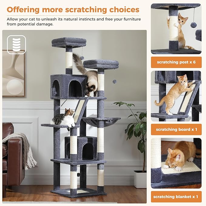 PAWZ Road Large Cat Tower, 70 Inches Tall Cat Tree with 2 Cozy Condos, 2 Plush Perch, Large Basket, 2 Scraching Pad & 6 Scraching Posts for Indoor Cats Adult, Dark Gray