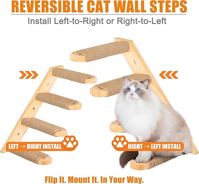 Cat Wall Climbing Shelf, 2 pcs Cat Wall Climber, 4 Step Climbing Stairs, Wall-Mounted Ladder with Sisal Scratching Rope, Perfect Wall Furniture for Perching (CatStairs2P4Steps)