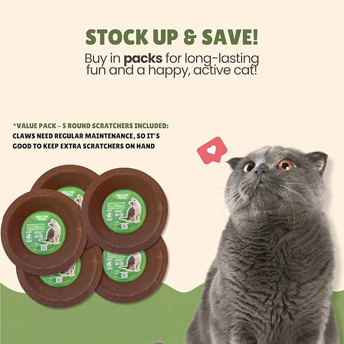 Cardboard Cat Scratchers Pack, Long-Lasting Cardboard Cat Durable Scratching Pads to Protect Furniture, Sturdy Corrugated Design, Safe for Claws (B-Scratcher Round Pack x 5)