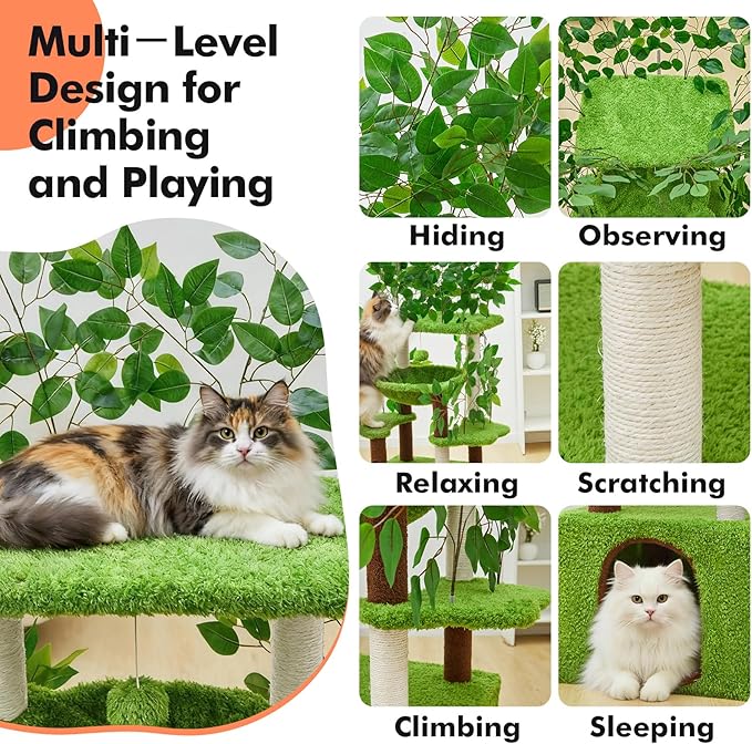 60 inch Cat Tree with Leaves for Climbing, Hiding and Sleeping Cat Tower with Hammock, Scratching Post and Large Cat House
