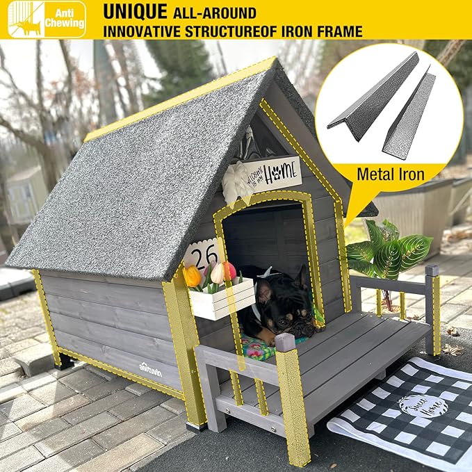 Aivituvin Dog House Outdoor Anti-Chewing Large Dog Log Cabin Weatherproof Outside Puppy Cage Indoor Dog Kennel