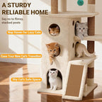 【Tank-Sturdy Tower】 PetDance Heavy Duty Cat Tree for Cats Fits Kittens to XL Maine Coons, Cat Tower with Scratching Posts, Cat Climber with 3 Spacious Hideaway, Beige