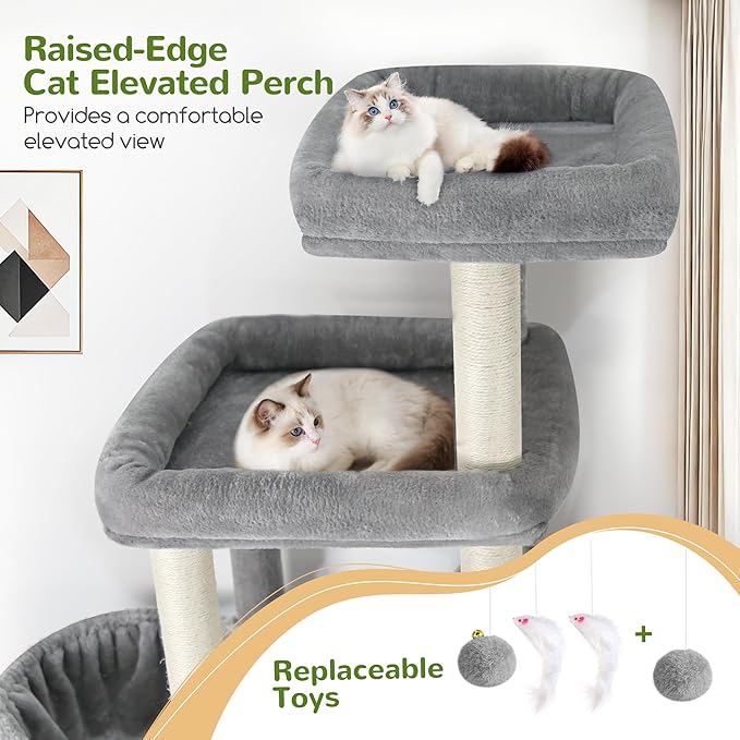 Globlazer 85 Inch Tall Cat Tree for Large Cats, Multi-Level Cat Tower for 4+ Cats with 3 Condos, 2 Hammocks & Sisal Posts, Heavy Duty Cat Tree Tower for Maine Coon, S85, Light Grey