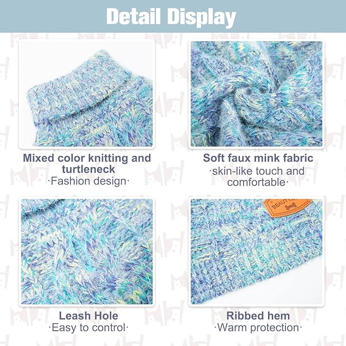 BEAUTYZOO Small Dog Sweater -Turtleneck Pullover Classic Cable Knit Fuzzy Winter Coat Dog Cold Weather Clothes for Small Medium Dogs Puppy Girl Boys(Gradient Cyan, S)