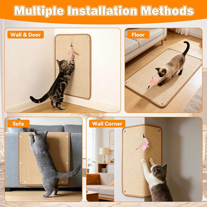 Homgaty Sisal Cat Scratcher Mat & Wall Scratchers for Indoor Cats - 23.6x15.7 Horizontal Floor Cat Scratch Rugs & Carpet Scratching Pad with Sticky Tapes, Durable Furniture Protector for Couch Sofas