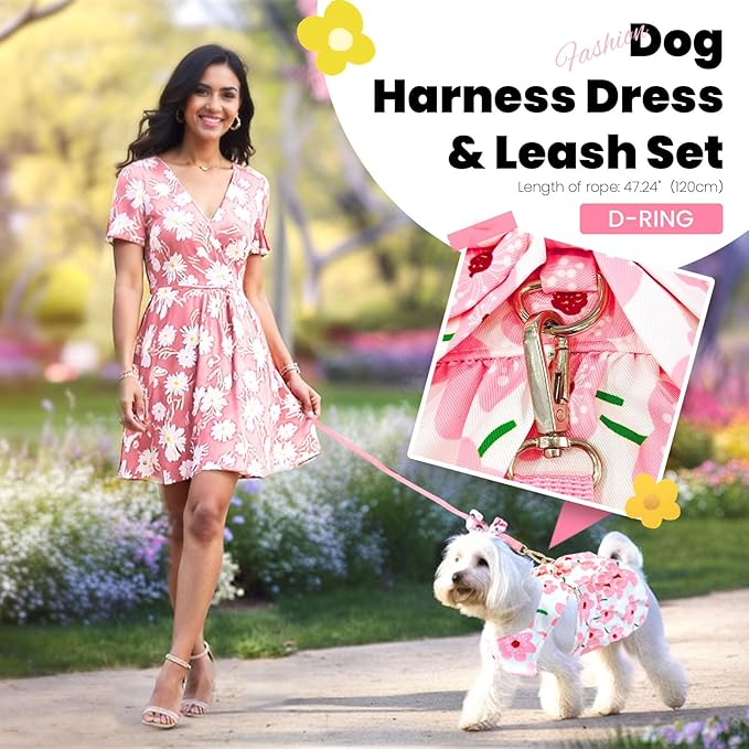 Cute Dog Dress Small Dog Clothes for Girls Female Puppy Outfits Pink Floral Pet Summer Clothes Bowknot Doggy Cat Princess Dress Harness Set for Holiday Birthday Party Costume Clothing (Pink,L)