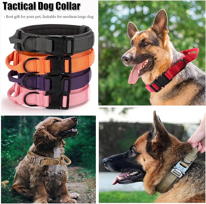 Tactical Dog Collar, Adjustable Military Training Nylon Dog Collar with Control Handle and Heavy Quick-Release Metal Buckle for Small Medium Large Dogs, Purple L