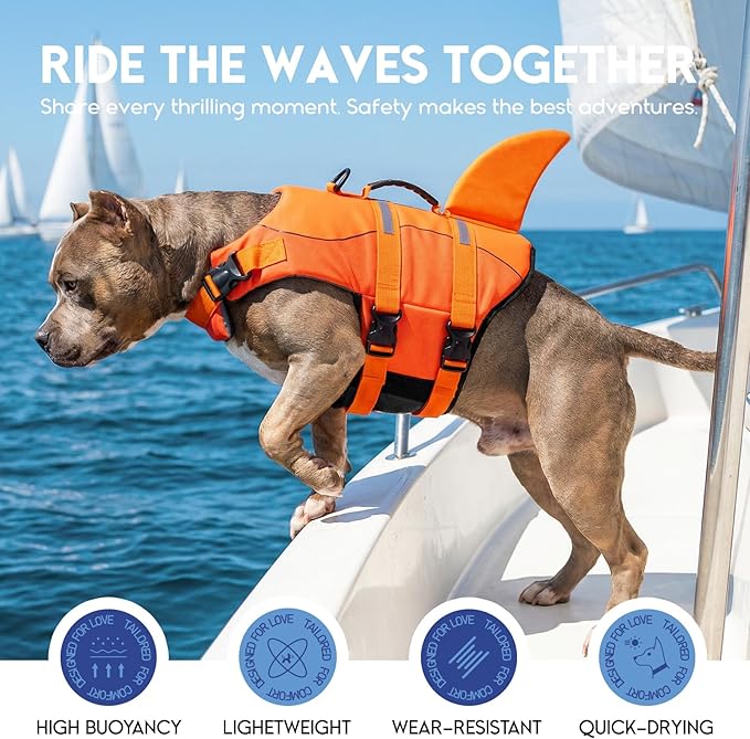 ASENKU Dog Life Jacket - Pet Safety Vest for Swimming & Boating, Shark Life Jacket with Floatation, Dog Lifesavers Swimsuits for Small Medium Large Dogs (OrangeMix, M)