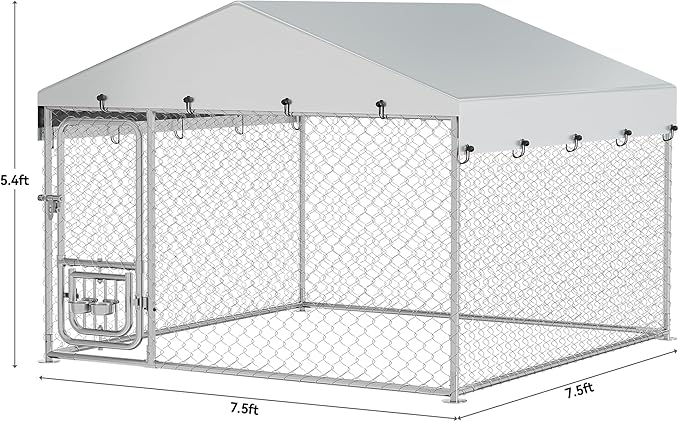DWVO 7.5'x7.5' Dog Kennel Outdoor with Rotating Feeder Bowls, Outdoor Dog Pens with Roof, Heavy Duty Dog House for Medium Large Dogs