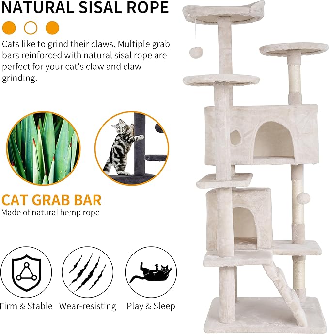 BLKMTY Cat Tree 70" Tall Cats Tower Large Cat Condo Climber Cats Climbing Stand with Top Perches Playhouse and Climbing Ladder Kitty Activity Tree w/Scratching Post Toys, Beige