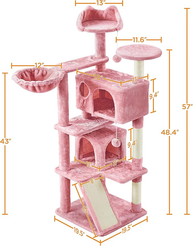 Yaheetech Cat Tree, 57 inches Cat Tower with Double Condo, Scratching Board and Basket, Cat Furniture for Indoor Cats Kitten- Pink
