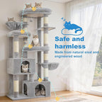 Hey-brother Cat Tree, 67.3 Inches Tower with 3 Soft Platform Beds, 2 Large Condos, 9 Sisal Scratching Posts, 2 Hammocks and Toys, Multi-Level Step House for Multiple Indoor Kittens, Light Gray MPJ084W