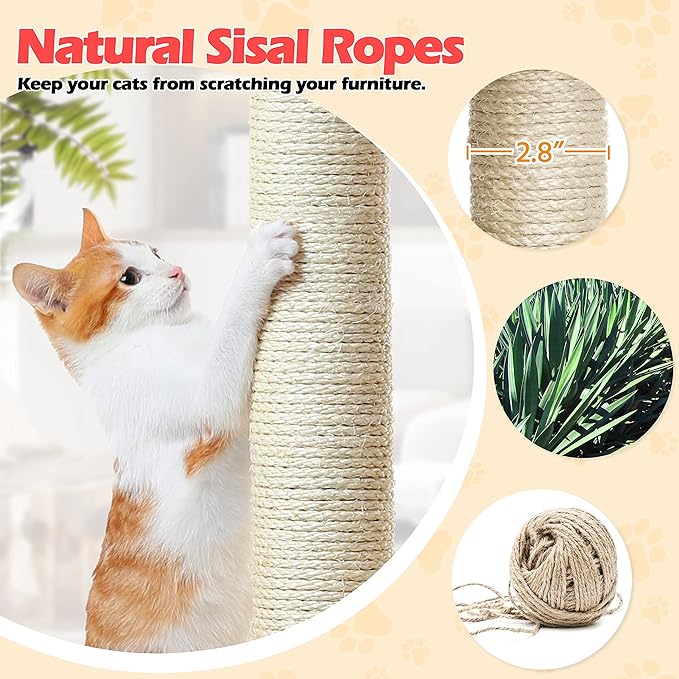 Topeakmart Cat Tree, 82.5in Climbing Tower with 2 Kitten-Ear-Style Top Perches, Hammock, Basket, Scratching Posts, Multilevel Pet Furniture Activity Center for Indoor Felines, Light Gray