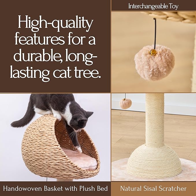 PetPals 2-Level Cat Tree with Handwoven Recycled Paper Rope Baskets, Sisal Scratching Posts, Playful Teaser Toy, Eco-Friendly, Washable Cushion, Cat Furniture (Brown Beige)