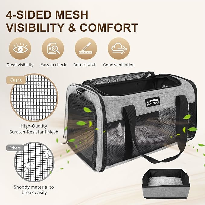 TSA Approved Pet Carrier for Small Cats and Puppies, Soft-Sided and Foldable, Cat and Dog Carrier Fits Pets Up to 15 lbs, Durable Portable Travel Bag with Litter Box (Gray, Litter Box & Leash Set)