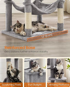 Feandrea Cat Tree, 73.2-Inch Tall Cat Tower, Plush Multi-Level Condo with 5 Scratching Posts, 2 Perches, 2 Caves, Hammock, 2 Pompoms, Light Gray UPCT191W01