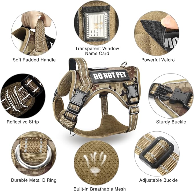 Tactical Dog Harness and Leash Set for Large Dogs,Heavy Duty No Pull Service Dog Vest and 10 Patches with Dog Seat Belt,Reflective Adjustable Pet Harness for Training Walking Hiking Camo XL