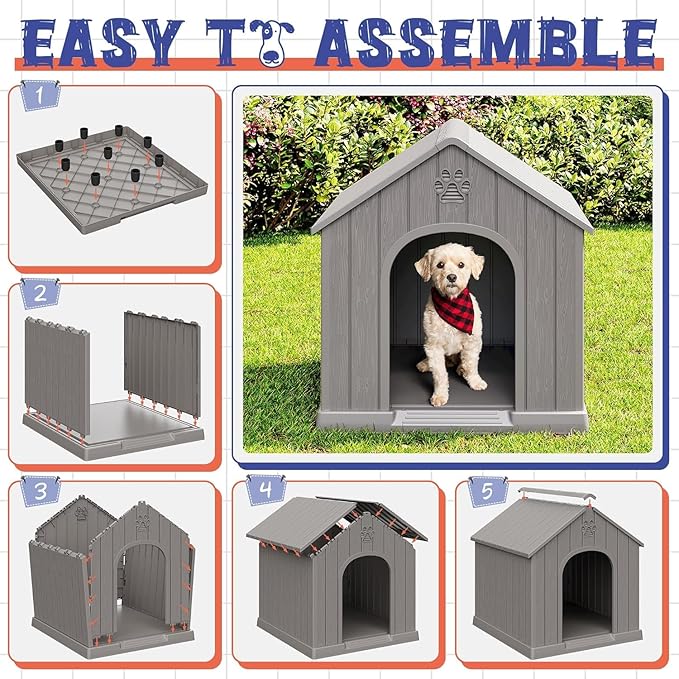 Bifanuo Dog House Outdoor Indoor, Plastic Small Dog House-Weatherproof Design with Air Vents & Elevated Floor for Small to Medium Dogs, Easy Clean and Assemble (Grey)