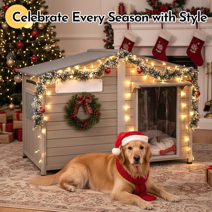 55''L Extra Large Dog House Outdoor Weatherproof, Wooden XL Dog Houses Kennel Breed with Waterproof Roof, Chew-Proof Iron Frame, Doghouse Pet Shelter Fits Small to Large Dogs