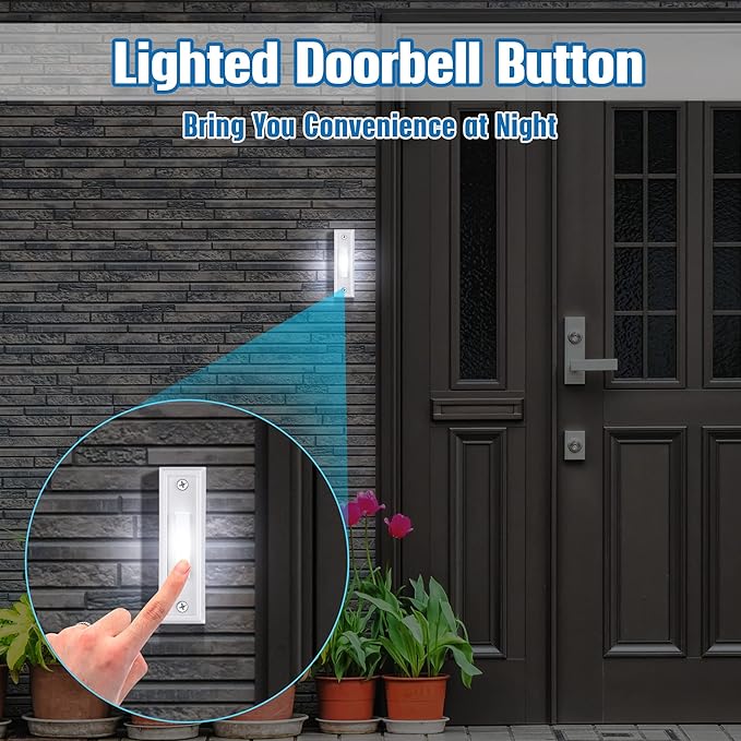 Saillong 1 Piece Lighted Doorbell Button, Wall Mounted Garage Door Opener Switch with LED Light Compatible with Most Wire Doorbell Chimes, Transformer, Ringer, Buzzers (White,White Light)