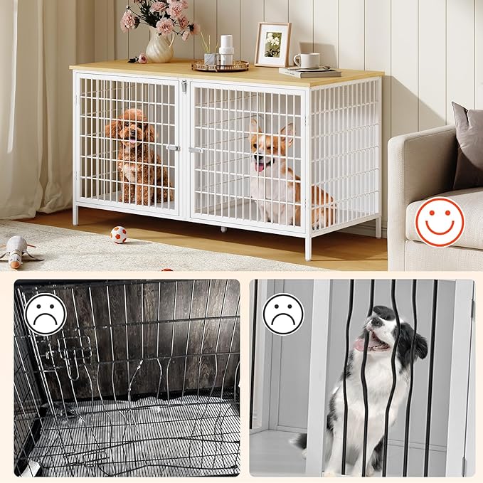 Dog Crate Furniture for 2 Dogs, 43.3" Dog Kennel with Removable Divider, Heavy Sturdy Dog Furniture Style Double Cage for Small Medium Dogs, Indoor Pet House End Table, Natural and White