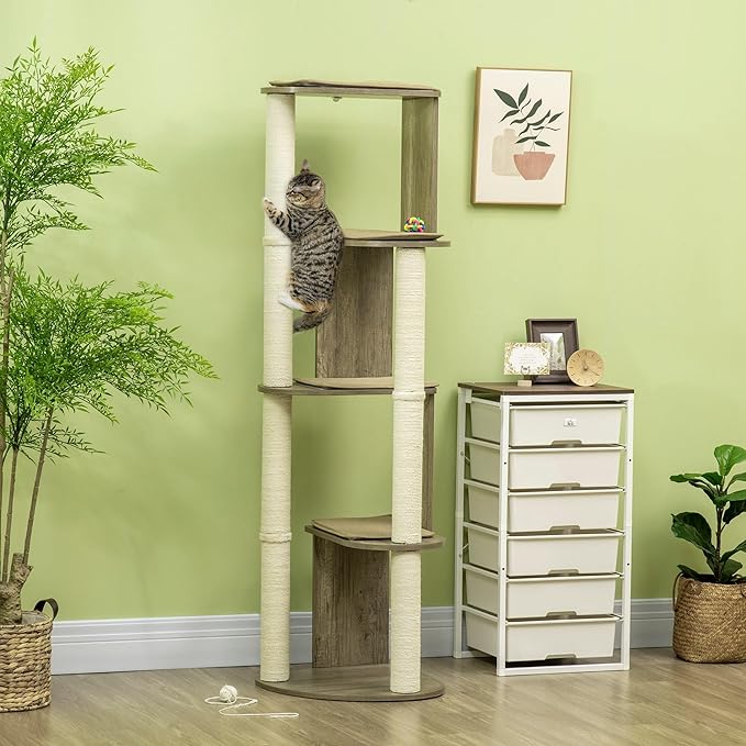 65" Corner Modern Cat Tree Tall for Climbing Large Multilevel Cat Tower with Scratching Posts Small-Fit Kitten Tower with Sisal Cream White