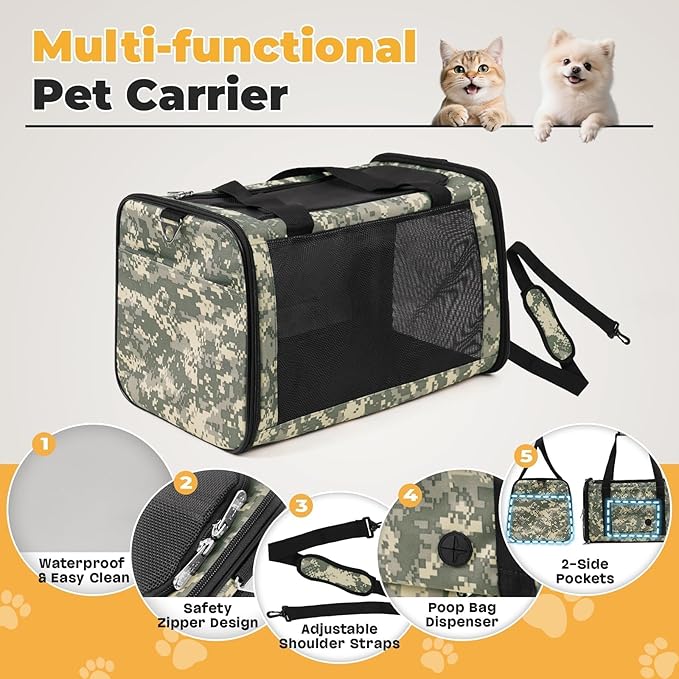 Cat Carrier Soft 25lbs Two Loading Pet Carriers Portable Small Dog Puppy Airline Approved Carrier with Side Pockets Foldable Portable for Outdoor Car Digital Grey
