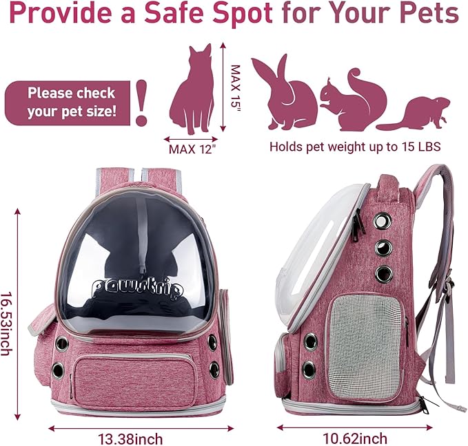 Pawstrip Cat Backpack Carrier with Large Space Bubble Window, Airline Approved Breathable Pet Carrier for Small Dogs Cats up to 15lbs, Foldable for Travel Hiking & Outdoor Use