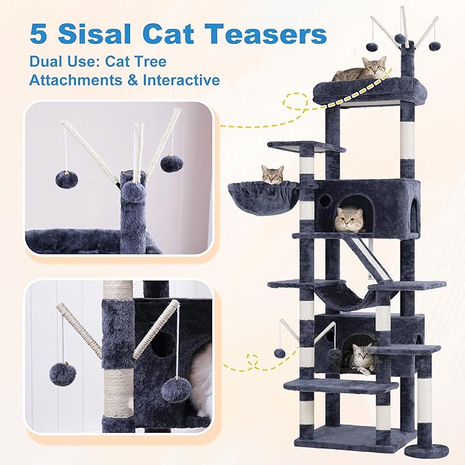 Hey-brother Cat Tree Tower, Sturdy Multi-Level Scratching Posts with Extra Supporting Part, 5 Teaser Toys, 2 Condos, Large Bed, Hammock, Scratch Baord for Indoor Cats, 82.7 Inches, Smoky Gray MPJ082G