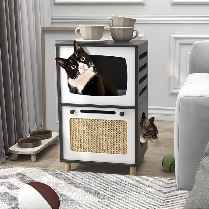 TaoHFE Cat Hideaway Modern Cats Furniture for Living Room Cat Houses for Indoor Cats with Scratching Pad & Soft Cushion, Cats Beds for Indoor TV Design end Table, Black