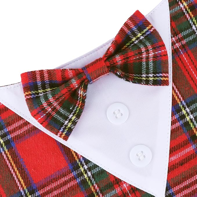 ADOGGYGO Christmas Dog Tuxedo Bandana, Red Plaid Pet Chritstmas Collar with Bowtie, Adjustable Christmas Costume for X-Large Dogs Pets (XL)