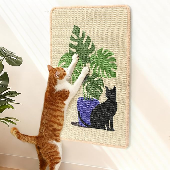 FUKUMARU Sisal Cat Scratching Mat, 23.6 x 15.7 Inch Natural Sisal Cat Scratch Pad Mats for Indoor Cats, Horizontal Cats Wall Scratcher Kitten Floor Rug with Sticky Tapes, Furniture Protector(Monstera)