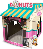 HappyCat Donut Shop Cat Scratcher House - Adorable Cardboard Cat Playhouse with Scratching Panels & Spacious Interior, Hideout & Stimulation Station - Charming Indoor Cat House