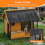 Dog House with Dog Bowls Stand, Large Outdoor Dog House Kennel, Easy to Install, Design with Weatherproof Roof and All-Around Iron Frame for Outside Small Medium Large Breed Dogs(Brown)