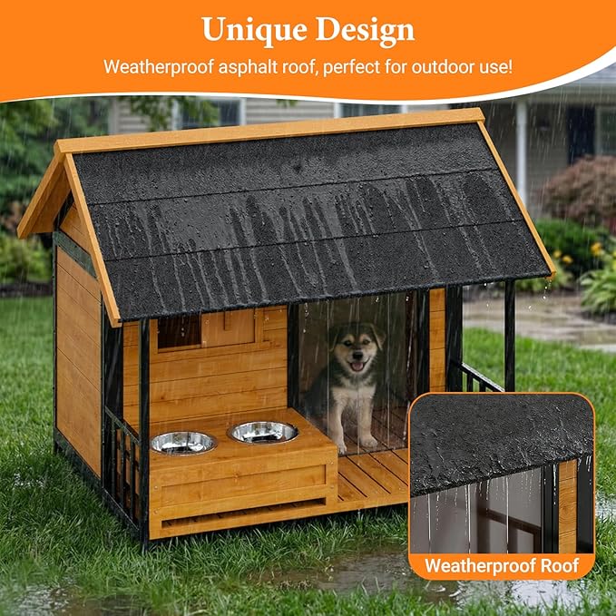 Dog House with Dog Bowls Stand, Large Outdoor Dog House Kennel, Easy to Install, Design with Weatherproof Roof and All-Around Iron Frame for Outside Small Medium Large Breed Dogs(Brown)
