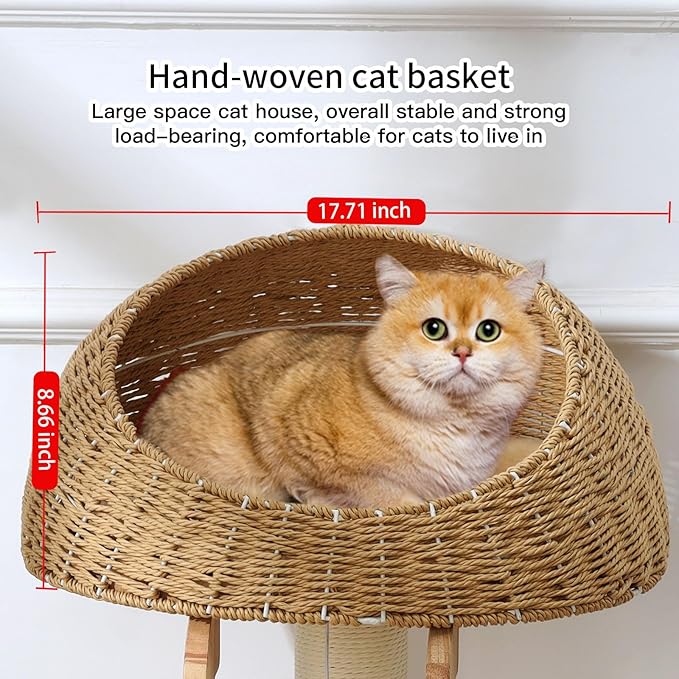 Modern Design Cat Tree Tower, Hand Woven Comfortable Cat Nests with Natural Sisal Staircase and Scratch Toys, This Apartment is Suitable for Large Breed Indoor Multiple Play with