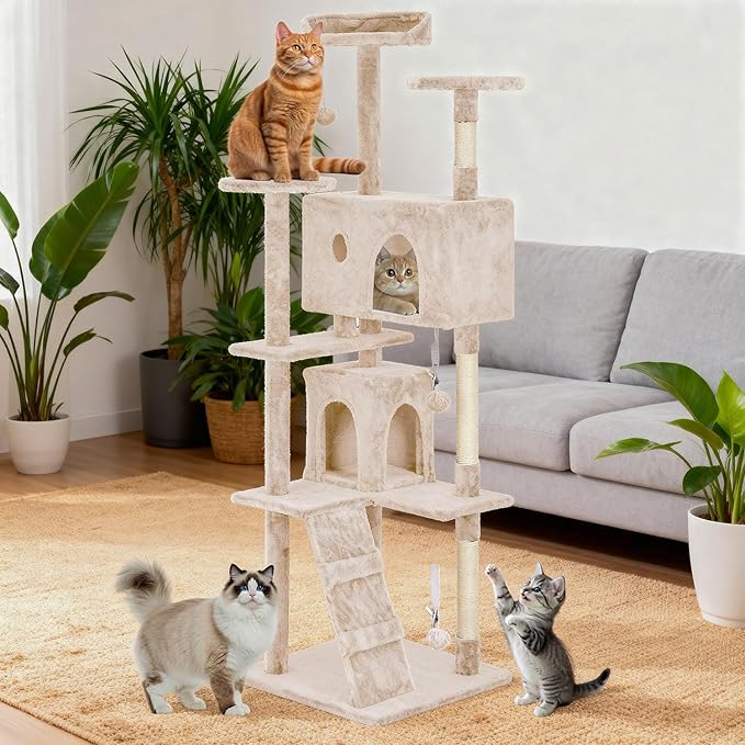 BestOffice 70 Inch Cat Tree, Multi-Level Cat Tower with Condo, Perches, Sisal Scratching Posts, Climbing Ladder,Indoor Activity Center Play House for Kittens & Adult Cats, Beige
