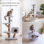 Leo & Lexi Modern Cat Tree Tower with Cave, Real Wood Cat Scratching Post with Bed for Indoor Cats Large Adult, Solid Wooden Climbing Tower, Aesthetic, Luxury Pet Furniture