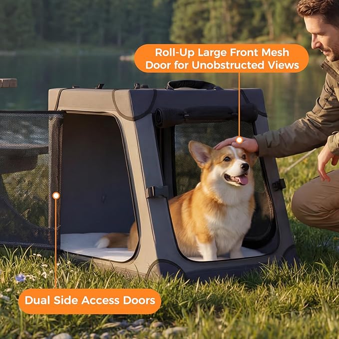 Snagle Paw Portable Dog Crate for Car Travel,Metal Frame Pet Crate,Pet Carrier for Car Back Seat Secures with Headrest Strap and Seatbelt,L,Gray